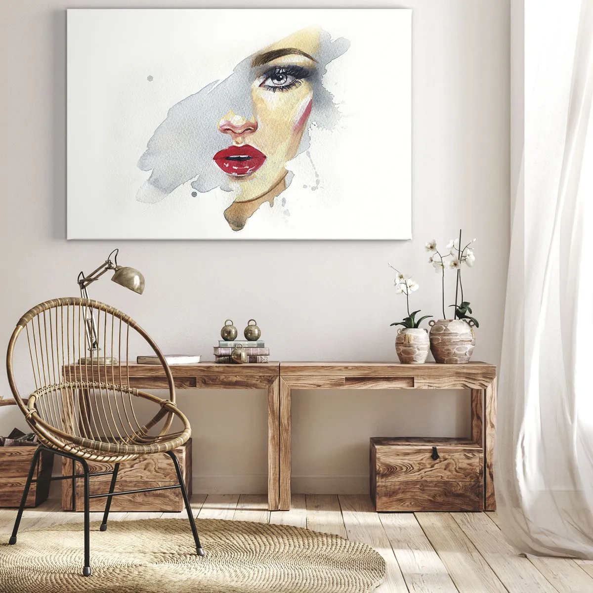 Quadro em tela - Um retrato em aquarela de uma mulher com um olhar intenso. - 70x50cm - Reflexão numa gota de água - Decoração de parede moderna para a sala de estar e quarto ARTTOR