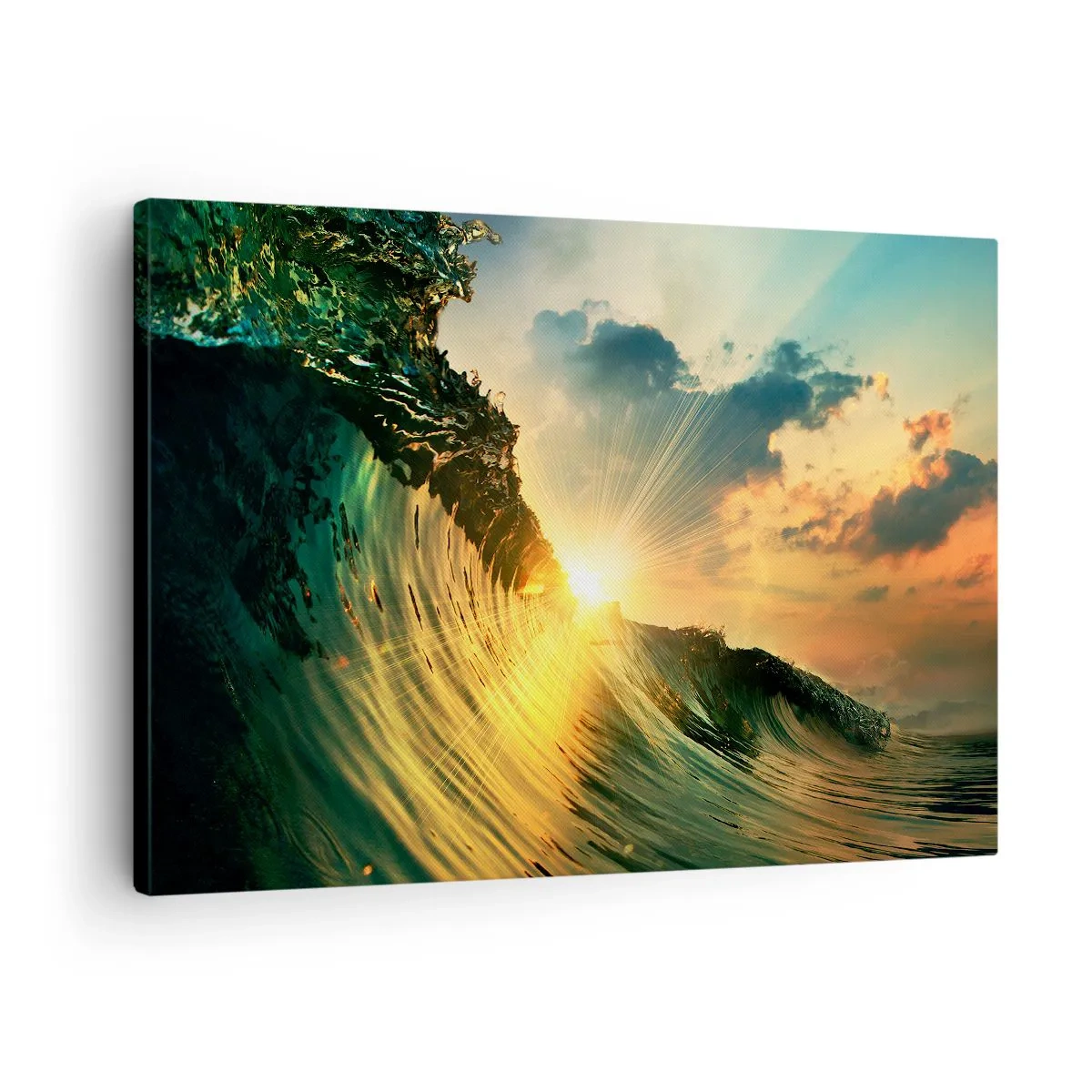 Quadro em tela - Uma onda com o pôr do sol e nuvens iluminadas - 70x50cm - Surfer, onde está? - Decoração de parede moderna para a sala de estar e quarto ARTTOR