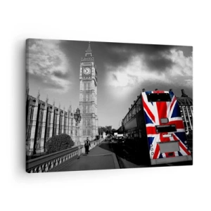 Quadro em tela - O Big Ben e um ônibus com uma bandeira britânica contra um fundo preto e branco - 70x50cm - Grande e orgulhosa - Decoração de parede moderna para a sala de estar e quarto ARTTOR