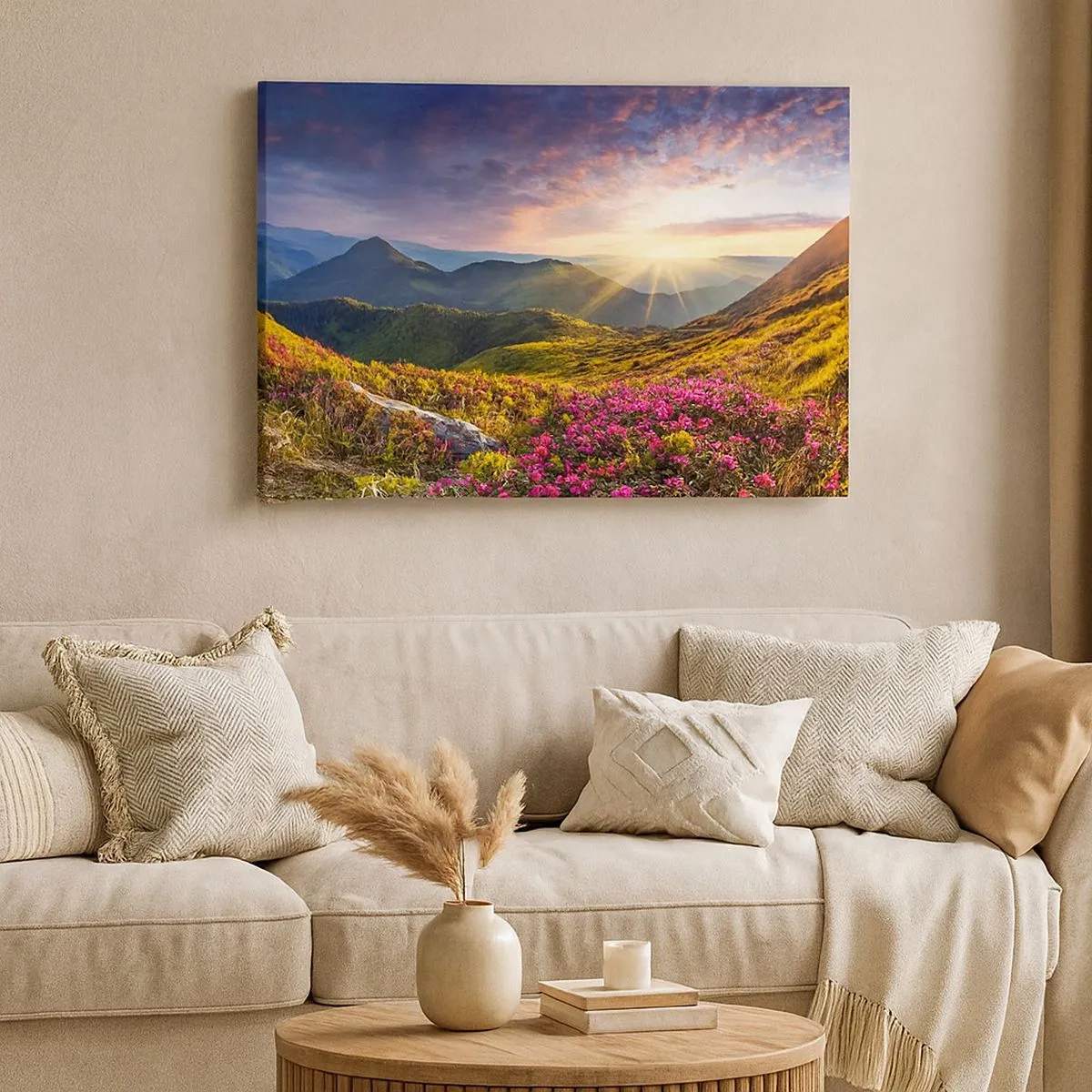 Quadro em tela - Paisagem montanhosa com rododendros em flor - 70x50cm - A frescura de uma manhã nas montanhas - Decoração de parede moderna para a sala de estar e quarto ARTTOR