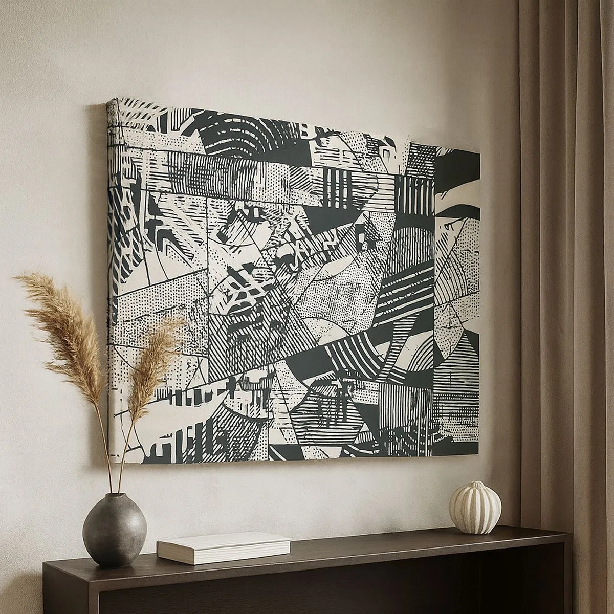 Quadro em tela - Padrões geométricos abstratos em tons de verde sobre fundo claro - 70x50cm - A dinâmica do presente - Decoração de parede moderna para a sala de estar e quarto ARTTOR