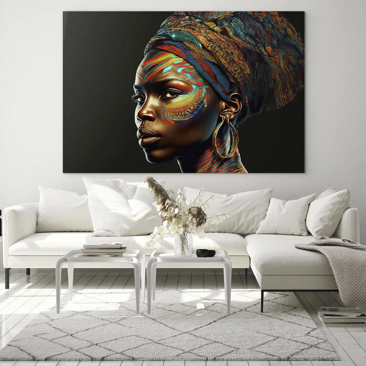 Quadro em vidro - Retrato de uma mulher com pintura colorida e turbante - 70x50cm - Rainha africana - Decoração de parede moderna para a sala de estar e quarto ARTTOR