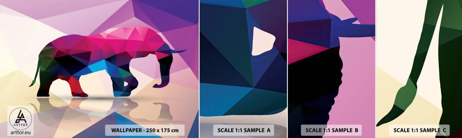 Amostra de Papel de Parede Standard Eco - Dinossauro de cristal - Animais, Elefante, Figura Geométrica - 100x30 cm