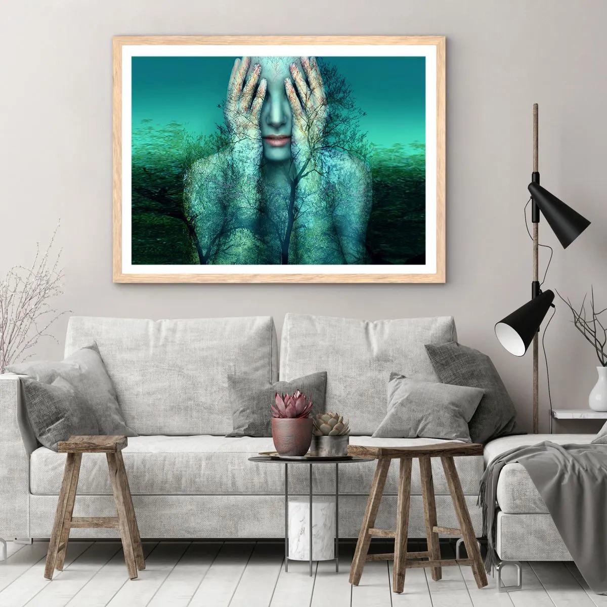 Pôster com moldura de carvalho claro - Imersa em azul - 50x40 cm