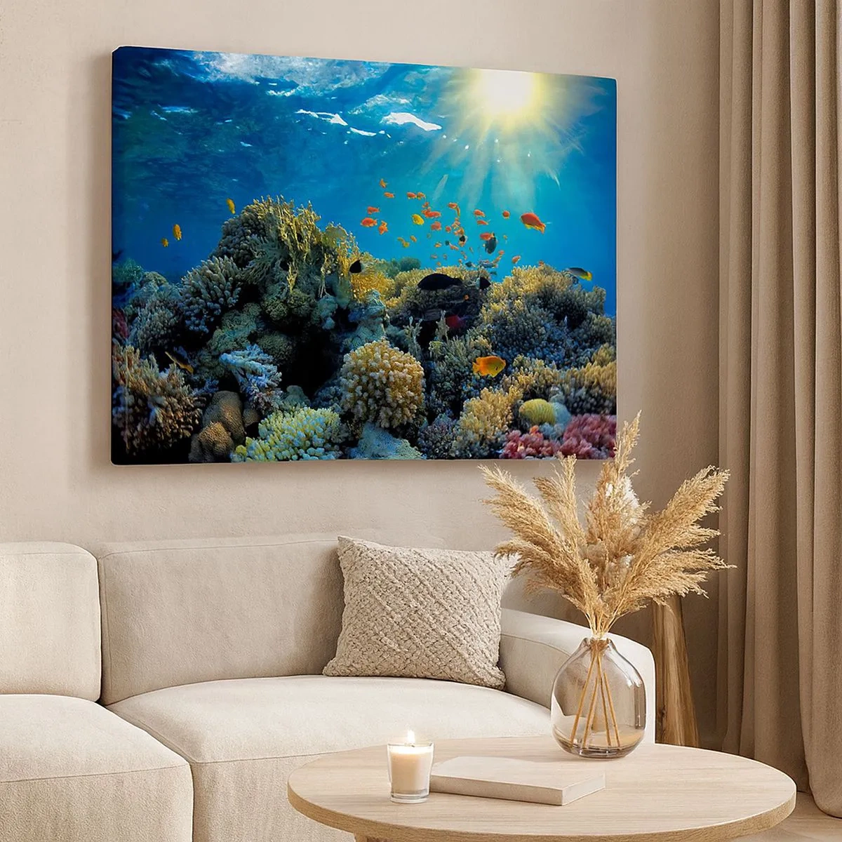 Quadro em tela - Recife de corais com peixes sob os raios de sol debaixo d'água - 70x50cm - Tesouros subaquáticos - Decoração de parede moderna para a sala de estar e quarto ARTTOR