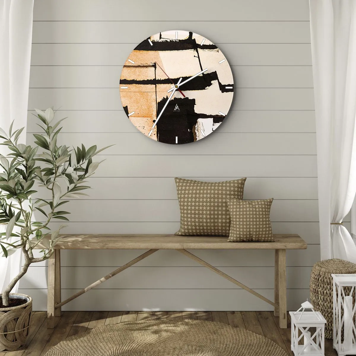 Relógio de parede - Relógio em vidro - Composição geométrica abstrata em bege e preto - 30x30cm - No entanto, a ordem - Decoração de parede moderna para a sala de estar, cozinha e quarto ARTTOR