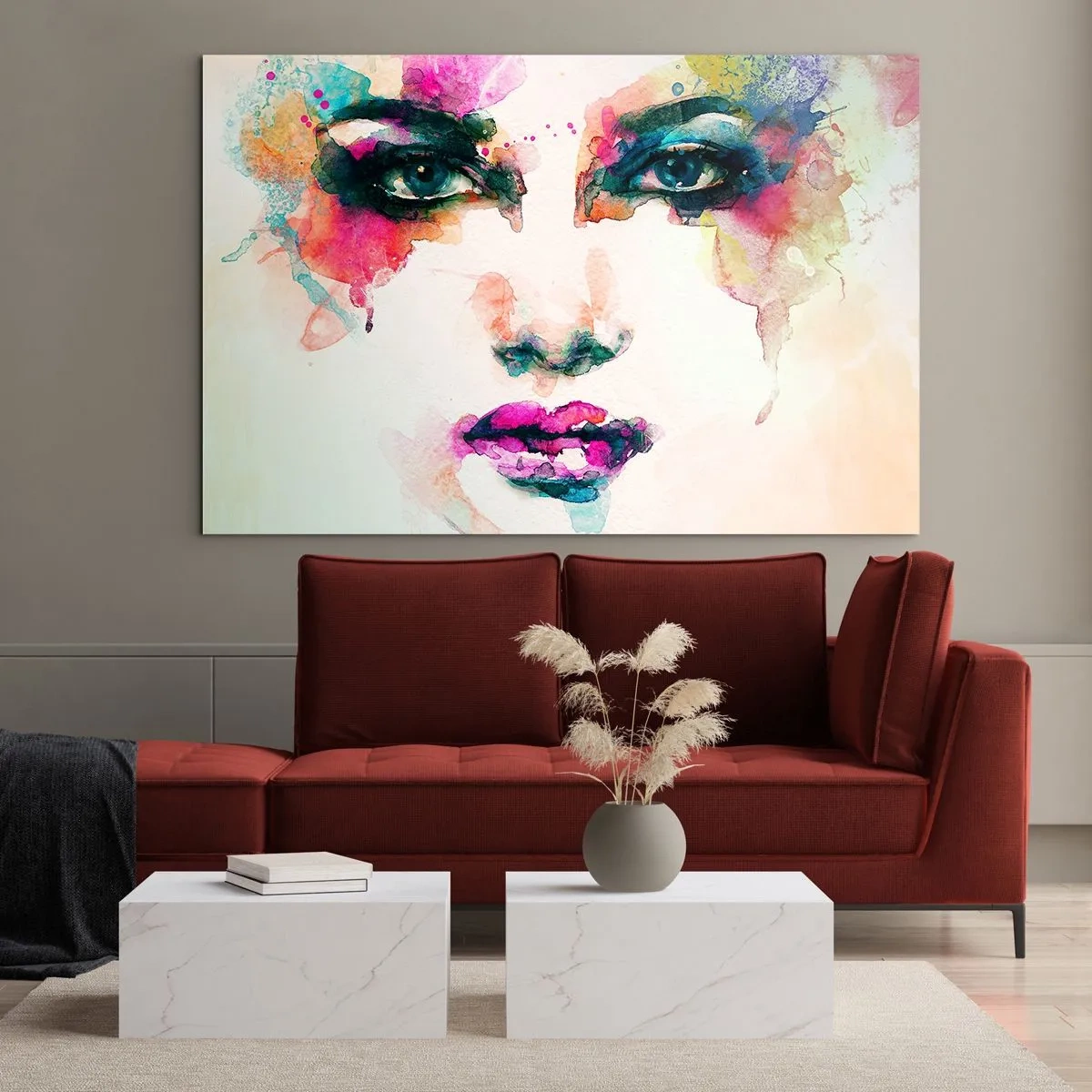 Quadro em vidro - Retrato de uma mulher em aquarela com cores e detalhes - 70x50cm - Retrato pintado com o arco-íris - Decoração de parede moderna para a sala de estar e quarto ARTTOR