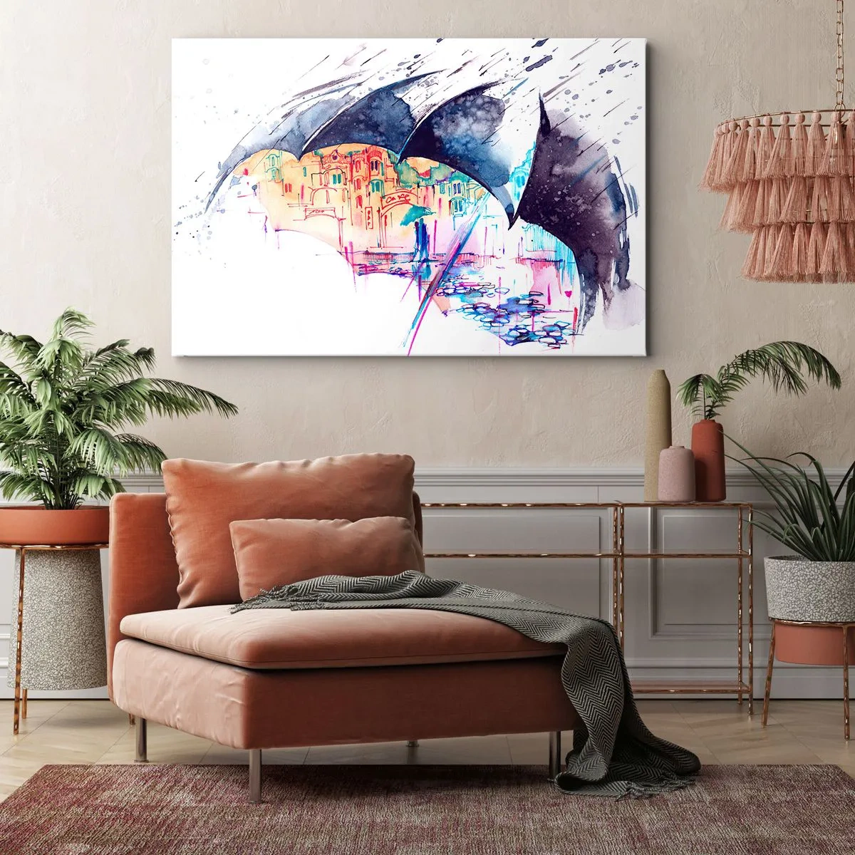 Quadro em tela - Uma cidade colorida escondida sob guarda-chuvas abstratos - 70x50cm - Passeio na chuva - Decoração de parede moderna para a sala de estar e quarto ARTTOR