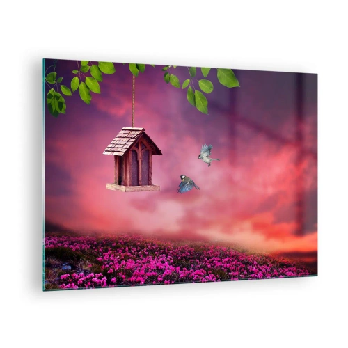 Quadro em vidro - Um alimentador de pássaros contra um céu rosa - 70x50cm - Convite para jantar - Decoração de parede moderna para a sala de estar e quarto ARTTOR