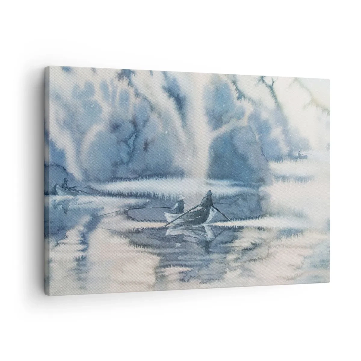 Quadro em tela - Paisagem em aquarela com barcos em um lago cercado por uma floresta enevoada - 70x50cm - Pescadores no seu paraíso - Decoração de parede moderna para a sala de estar e quarto ARTTOR