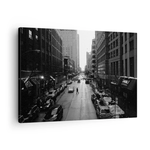 Quadro em tela - Uma rua preta e branca no meio da cidade com carros e pedestres - 70x50cm - Outro dia como todos os dias - Decoração de parede moderna para a sala de estar e quarto ARTTOR
