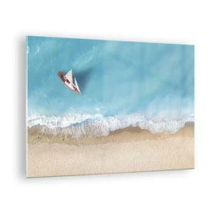 Quadro em vidro - Um veleiro no mar azul perto de uma praia de areia - 70x50cm - No limite do azul e do ouro - Decoração de parede moderna para a sala de estar e quarto ARTTOR