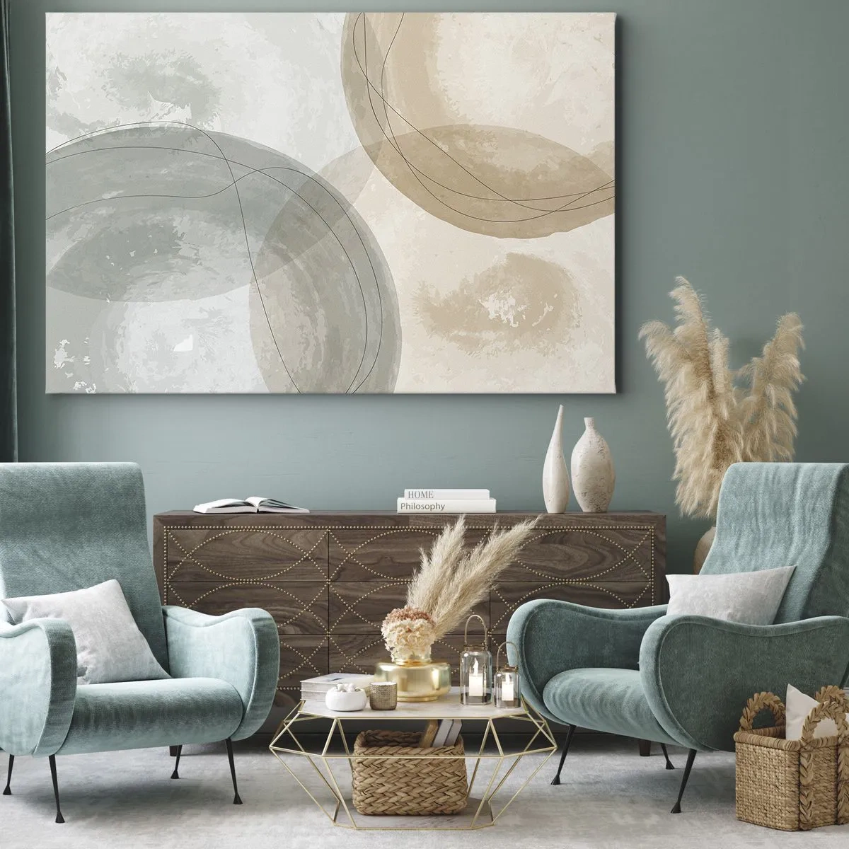 Quadro em tela - Composição abstrata em tons pastéis com linhas - 70x50cm - Difusão de Mundos - Decoração de parede moderna para a sala de estar e quarto ARTTOR