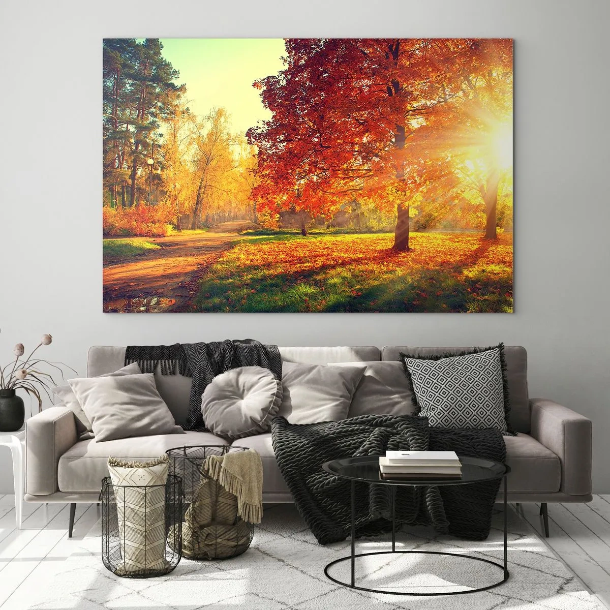 Quadro em vidro - Beco de outono com raios de sol - 70x50cm - O vermelho é lindo - Decoração de parede moderna para a sala de estar e quarto ARTTOR