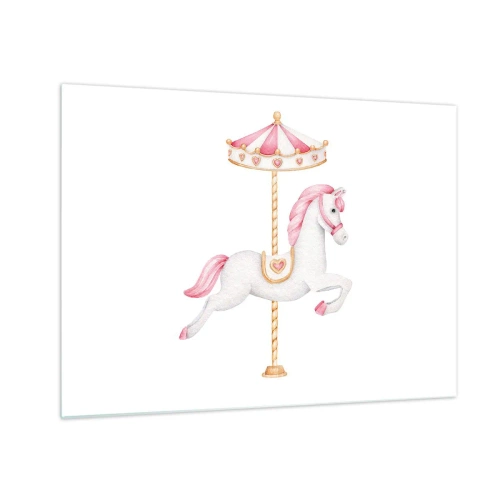 Quadro em vidro - Cavalo de carrossel rosa e branco em um fundo branco - 70x50cm - Caiu no chão - Decoração de parede moderna para a sala de estar e quarto ARTTOR