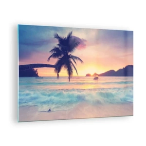 Quadro em vidro - Praia das palmeiras ao pôr do sol com um barco no horizonte - 70x50cm - Noite na baía - Decoração de parede moderna para a sala de estar e quarto ARTTOR