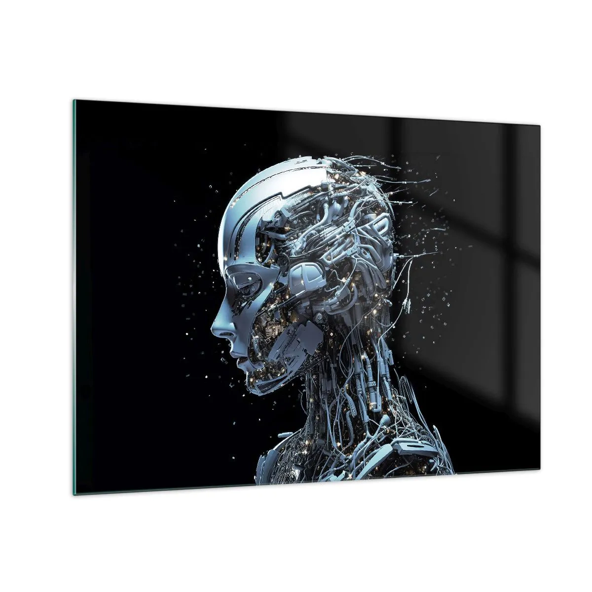 Quadro em vidro - Perfil de um robô feminino com fios e mecanismos - 70x50cm - A tecnologia é uma mulher - Decoração de parede moderna para a sala de estar e quarto ARTTOR