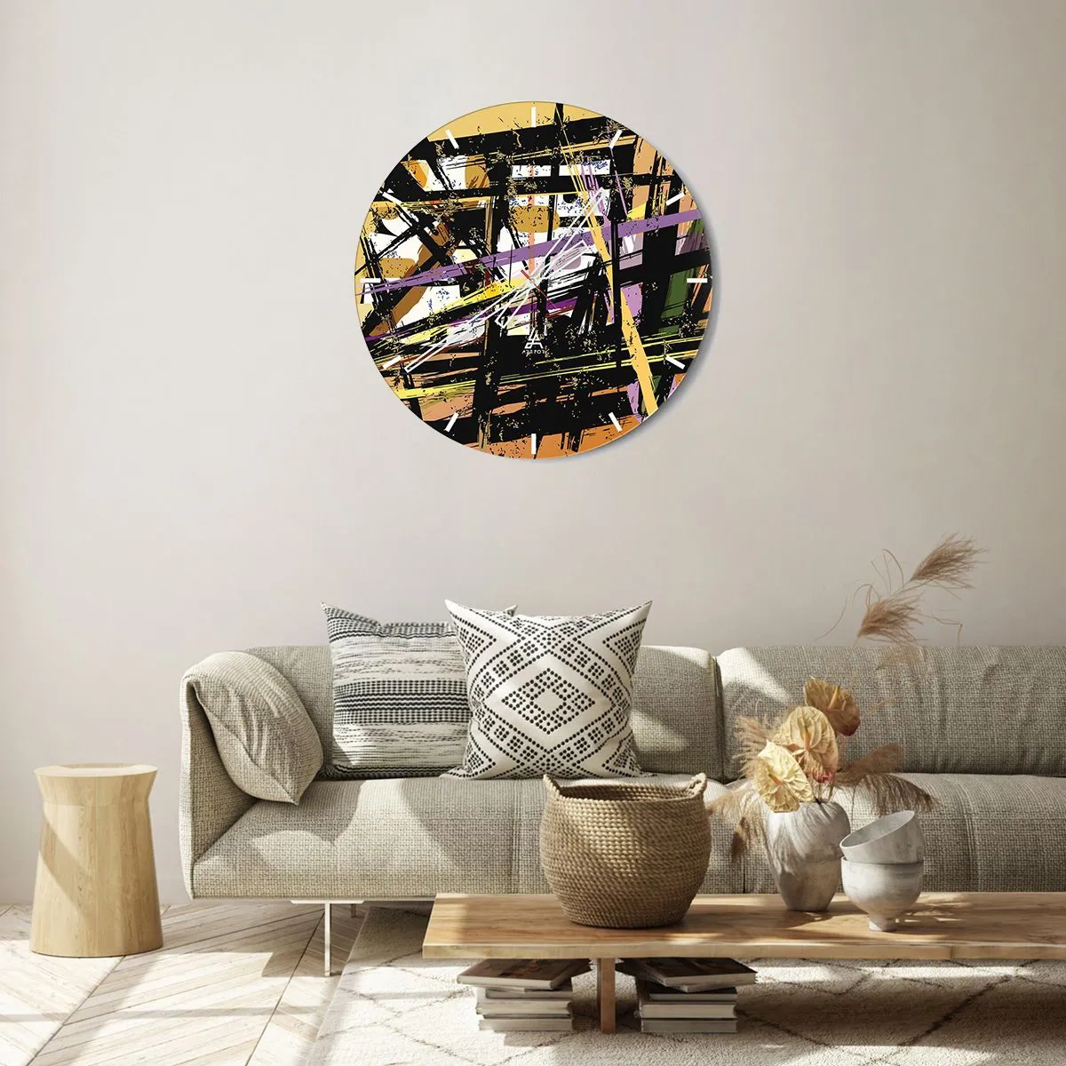 Relógio de parede - Relógio em vidro - Linhas e formas abstratas dinâmicas em tons claros e escuros. - 30x30cm - Corte afiado - Decoração de parede moderna para a sala de estar, cozinha e quarto ARTTOR