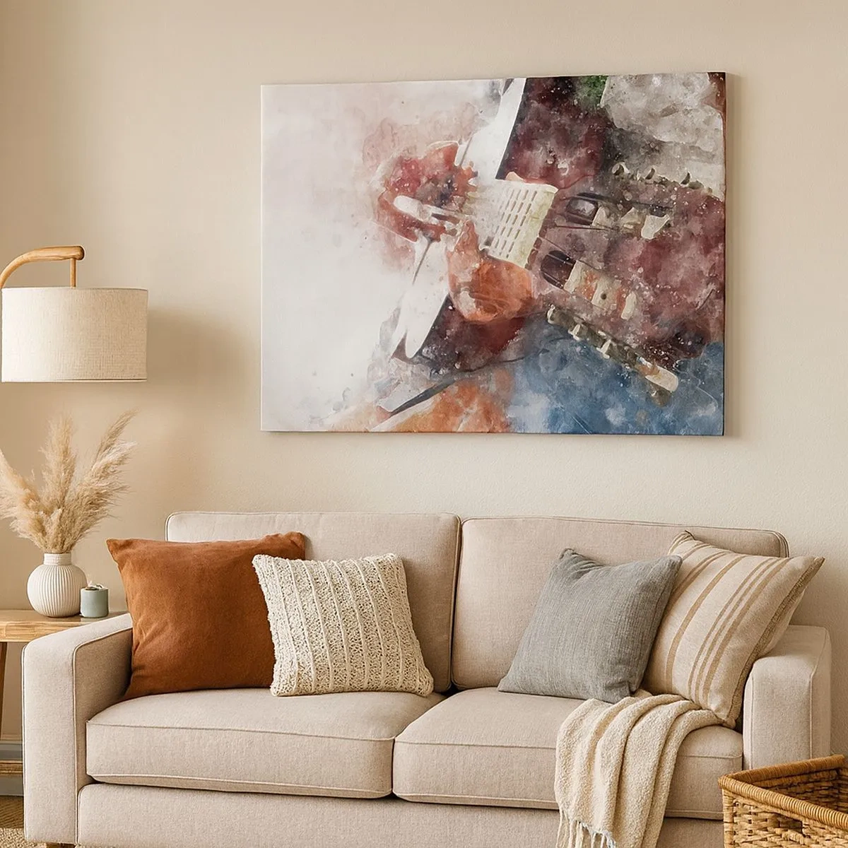 Quadro em tela - Uma abordagem artística de uma guitarra em estilo aquarela - 70x50cm - E o que acha? - Decoração de parede moderna para a sala de estar e quarto ARTTOR