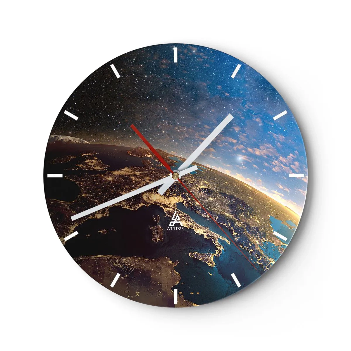 Relógio de parede - Relógio em vidro - Vista da Terra do espaço com continentes iluminados - 30x30cm - Vamos olhar para nós mesmos à distância - Decoração de parede moderna para a sala de estar, cozinha e quarto ARTTOR