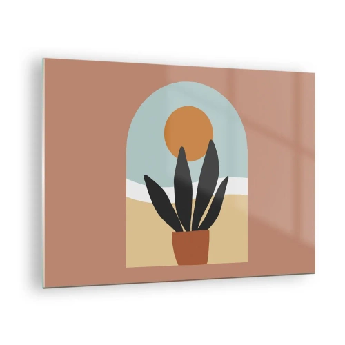 Quadro em vidro - Uma cena abstrata com uma planta em vaso e o sol ao fundo, em cores pastéis. - 70x50cm - Pequenas alegrias - Decoração de parede moderna para a sala de estar e quarto ARTTOR