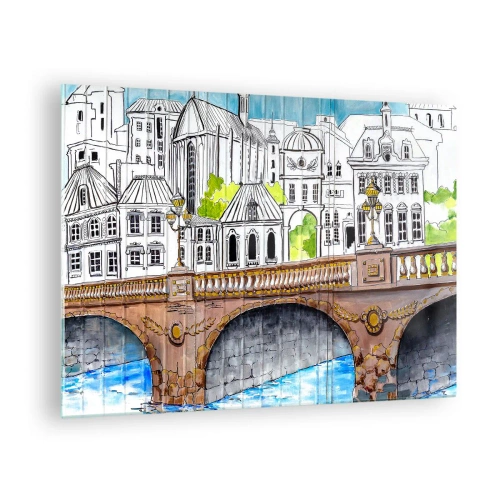 Quadro em vidro - A ponte e a arquitetura urbana em forma de esboço em aquarela - 70x50cm - Cidade pintada - Decoração de parede moderna para a sala de estar e quarto ARTTOR