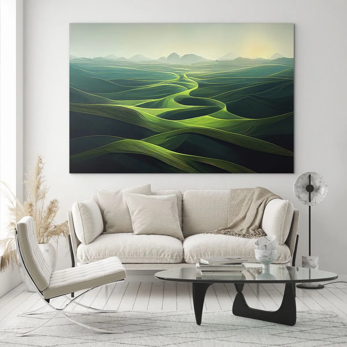 Quadro em vidro - Colinas e vales verdes iluminados pelos raios do sol - 70x50cm - Nos vales verdes - Decoração de parede moderna para a sala de estar e quarto ARTTOR