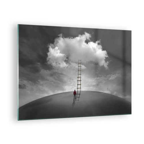 Quadro em vidro - Uma pessoa olha para uma escada que leva a uma nuvem. - 70x50cm - Tudo é possível - Decoração de parede moderna para a sala de estar e quarto ARTTOR