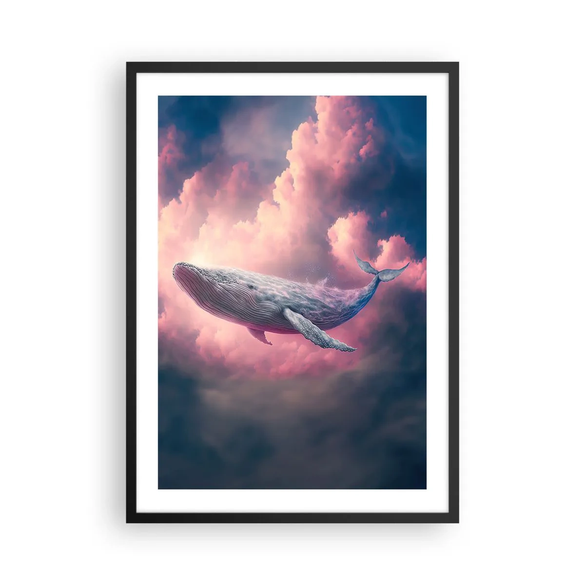 Pôster com moldura preta - Uma baleia voa entre nuvens rosas ao pôr do sol. - 50x70cm - Esfregue seus olhos - Decoração de parede moderna para a sala de estar e quarto ARTTOR