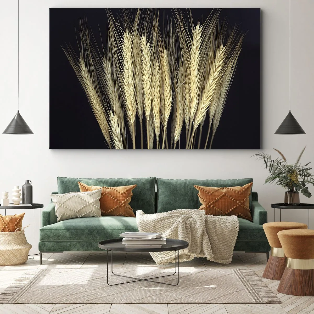 Quadro em tela - Espigas de trigo em um fundo preto em estilo rústico - 70x50cm - Magia rústica - Decoração de parede moderna para a sala de estar e quarto ARTTOR