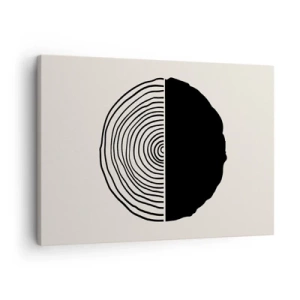 Quadro em tela - Um motivo abstrato em preto e branco inspirado em uma seção transversal de madeira com uma divisão geométrica. - 70x50cm - Meio a meio - Decoração de parede moderna para a sala de estar e quarto ARTTOR
