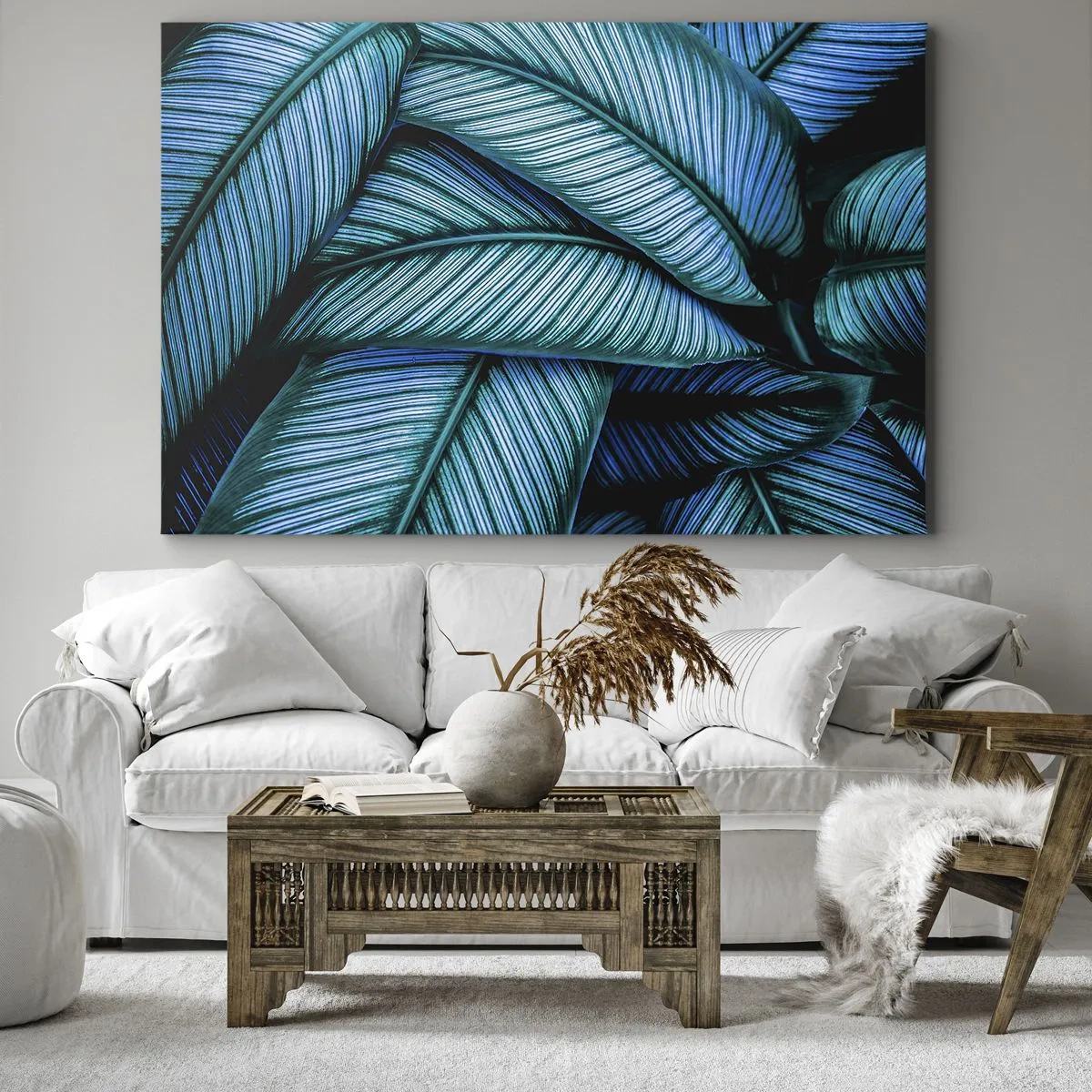 Quadro em tela - Uma foto em close de folhas turquesas com detalhes vívidos. - 70x50cm - Linhas de vida - Decoração de parede moderna para a sala de estar e quarto ARTTOR