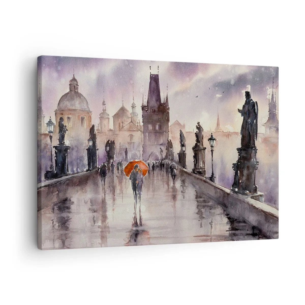 Quadro em tela - Vista romântica de uma ponte com um guarda-chuva tendo como pano de fundo uma cidade à noite - 70x50cm - Pessoas não mudam - Decoração de parede moderna para a sala de estar e quarto ARTTOR