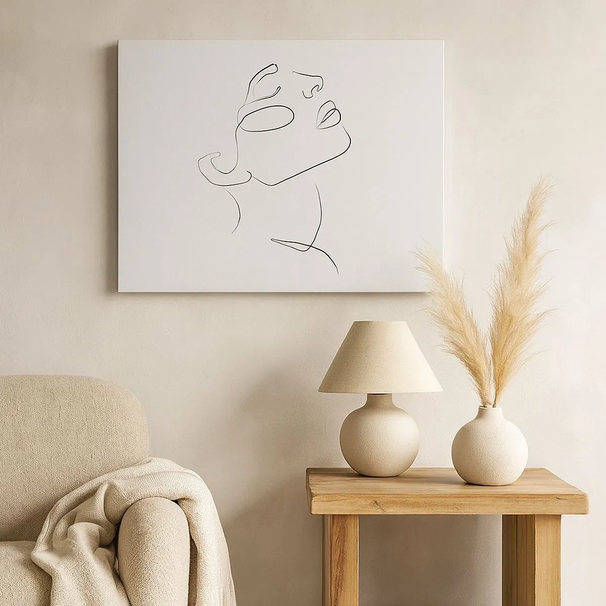 Quadro em tela - Um esboço minimalista do rosto de uma mulher de perfil. - 70x50cm - Os meandros dos sonhos - Decoração de parede moderna para a sala de estar e quarto ARTTOR