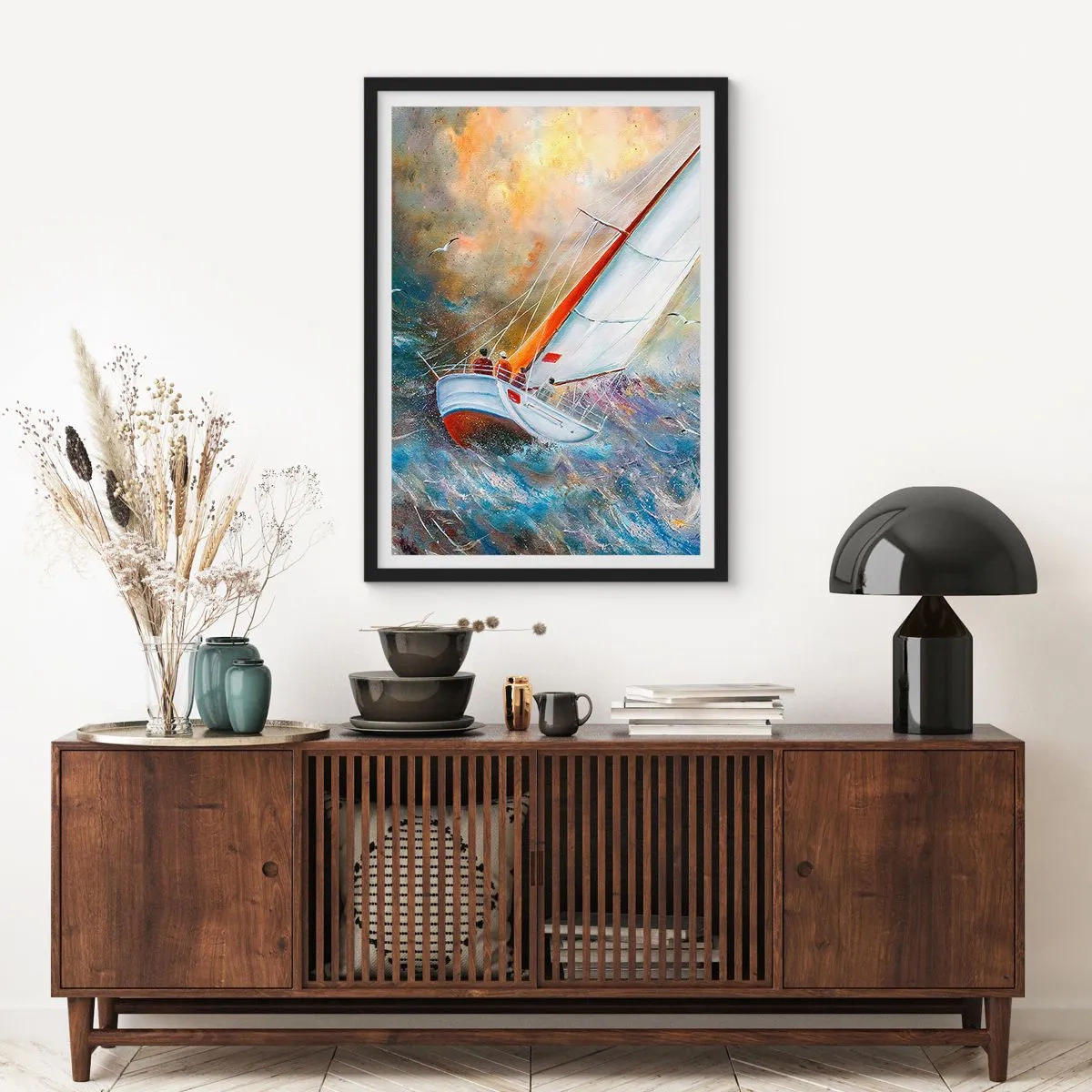 Pôster com moldura preta - Um iate navegando em um mar tempestuoso em uma paisagem pitoresca - 50x70cm - Correr sobre as ondas - Decoração de parede moderna para a sala de estar e quarto ARTTOR