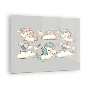 Quadro em vidro - Unicórnios fofos nas nuvens com um arco-íris e balões - 70x50cm - Certamente existem... - Decoração de parede moderna para a sala de estar e quarto ARTTOR