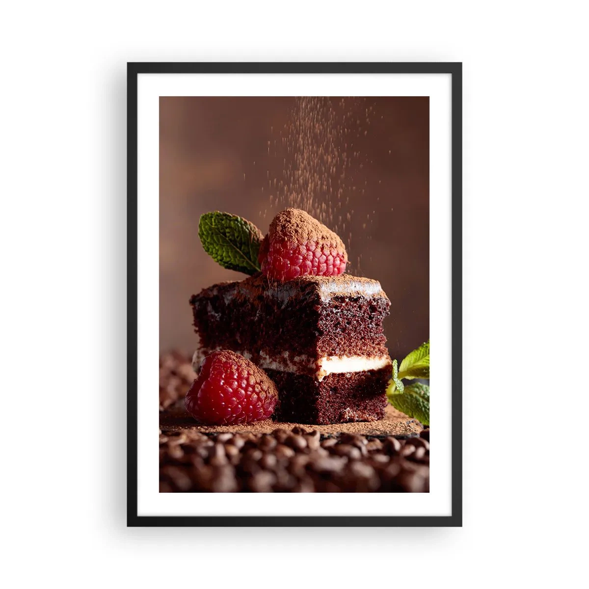 Pôster com moldura preta - Bolo de chocolate com framboesas e granulado de cacau - 50x70cm - A vida é doce - Decoração de parede moderna para a sala de estar e quarto ARTTOR
