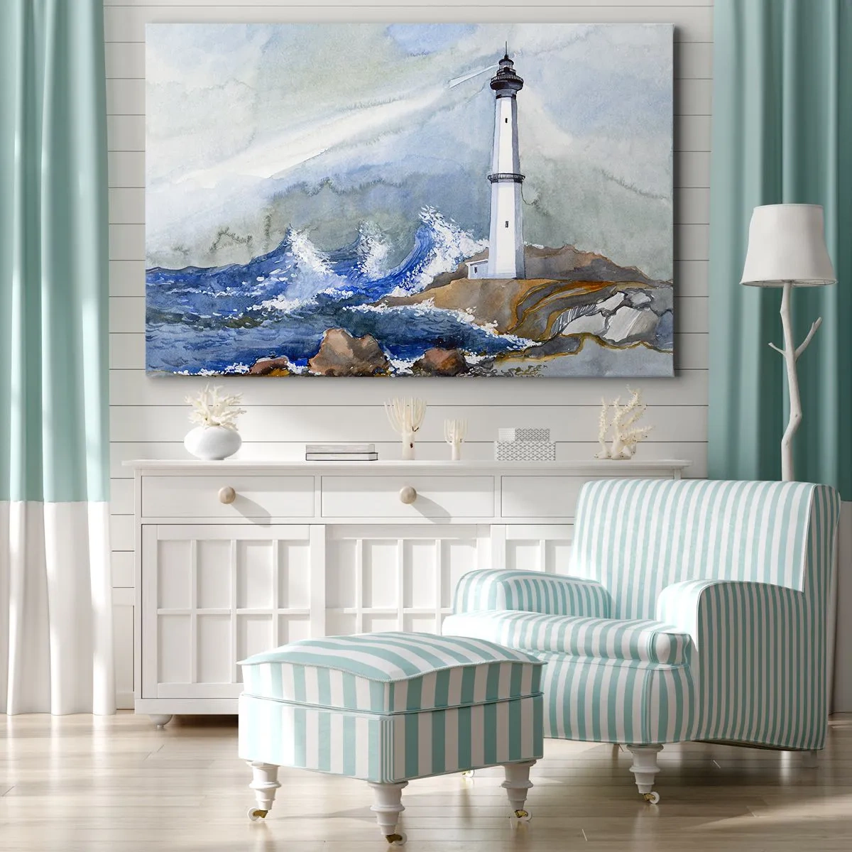 Quadro em tela - Um farol em uma costa rochosa com mar agitado - 70x50cm - Contra as trevas e a tempestade - Decoração de parede moderna para a sala de estar e quarto ARTTOR