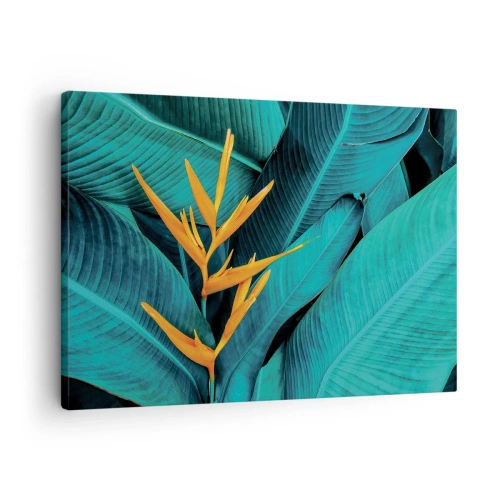 Quadro em tela - Uma flor exótica sobre um fundo de folhas de bananeira em tons turquesa. - 70x50cm - Flor do Éden - Decoração de parede moderna para a sala de estar e quarto ARTTOR