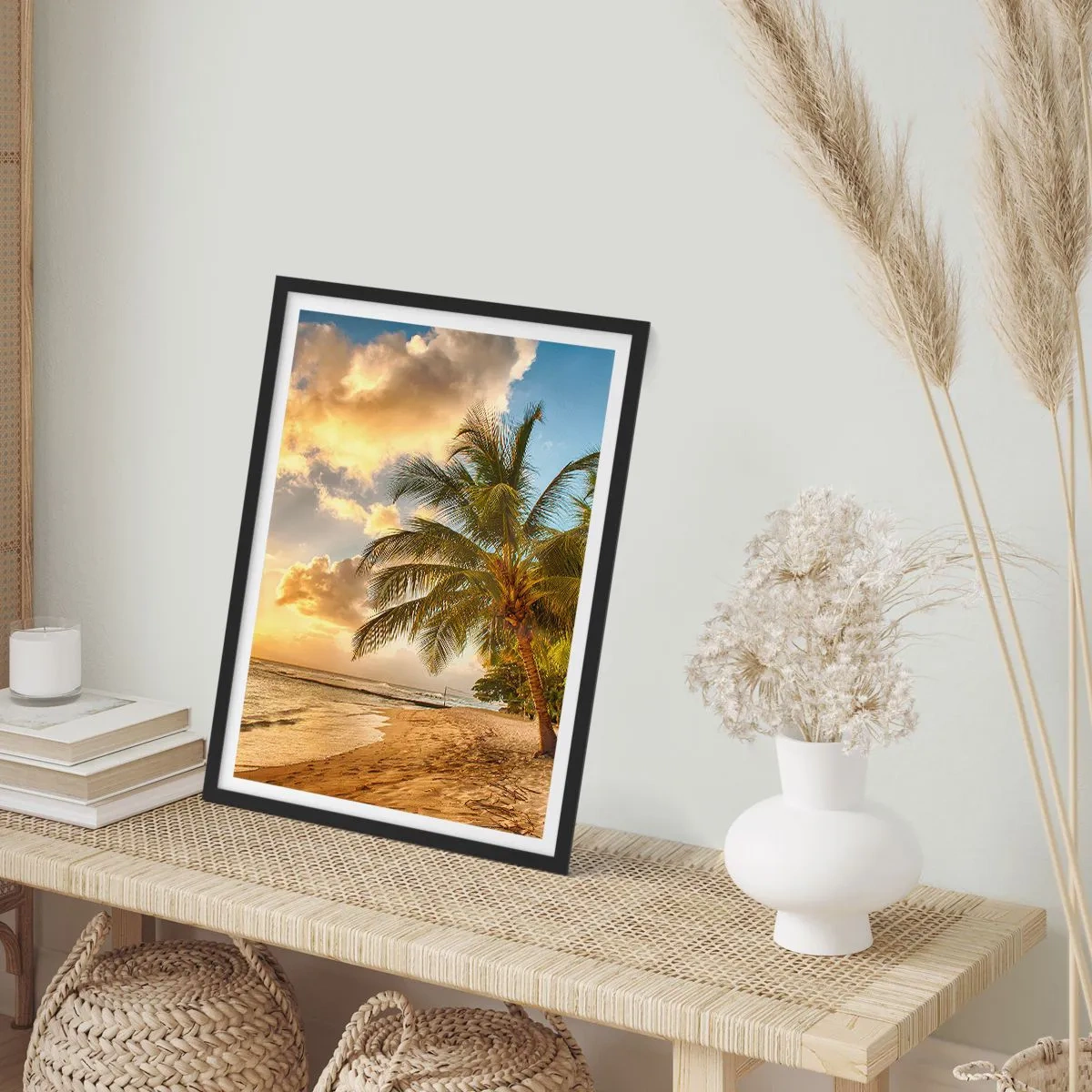 Pôster com moldura preta - Praia com palmeiras e um pôr do sol dourado - 50x70cm - Eterno verão, férias eternas - Decoração de parede moderna para a sala de estar e quarto ARTTOR