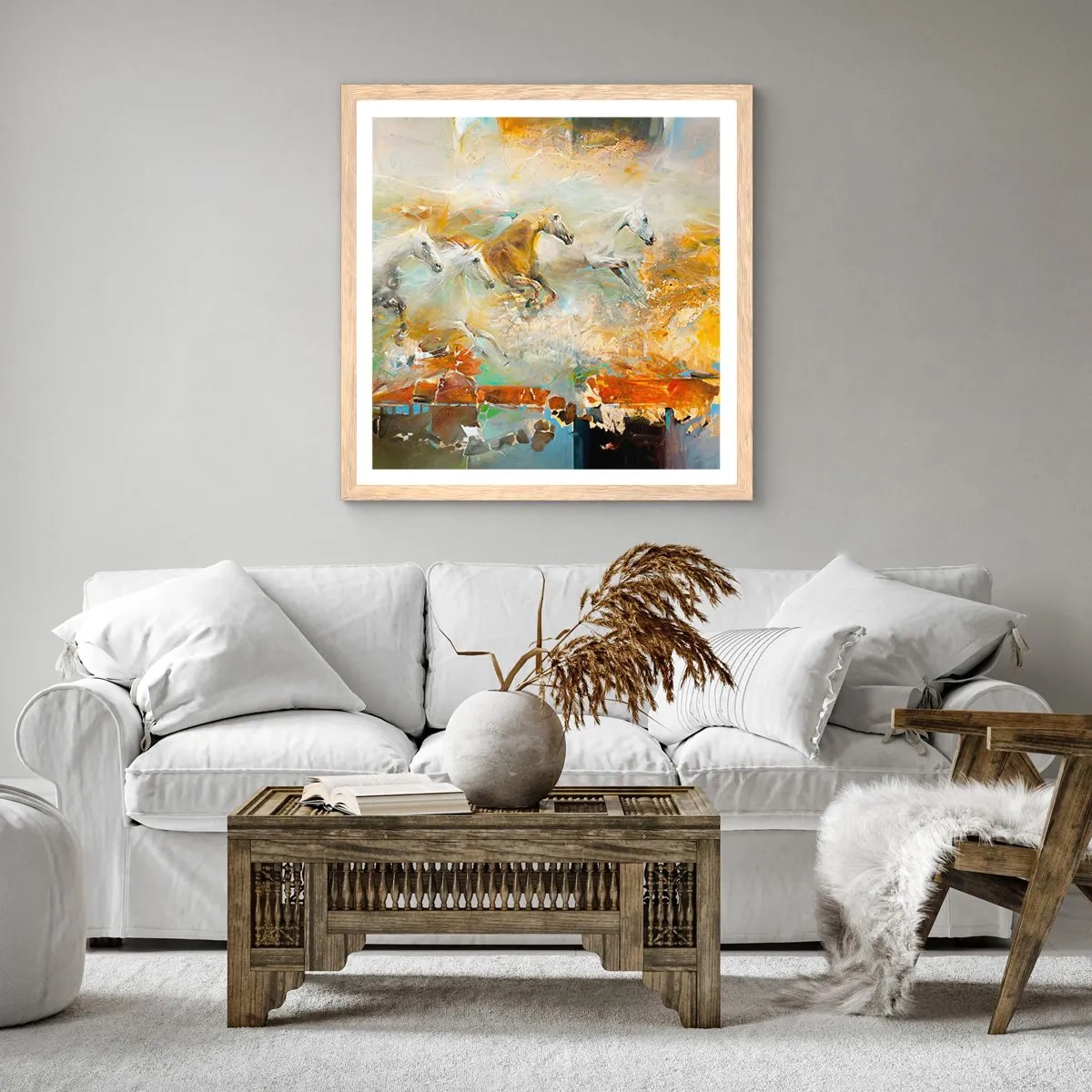 Pôster com moldura de carvalho claro - A galope através da luz - 40x40 cm