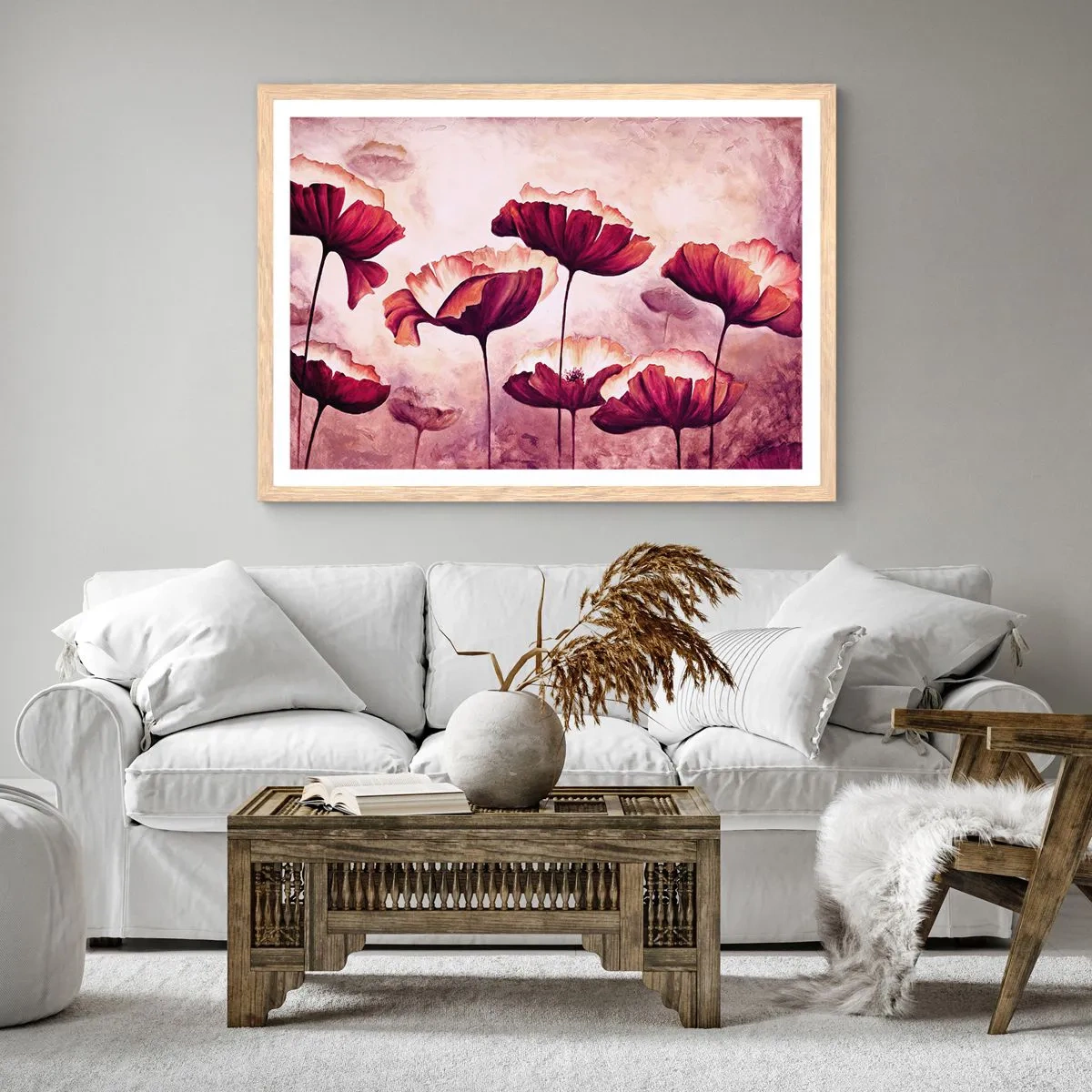 Pôster com moldura de carvalho claro - Pétala vermelha e branca - 100x70 cm