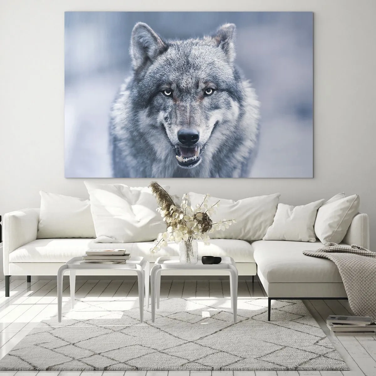 Quadro em vidro - Um lobo com um olhar penetrante contra o fundo de uma floresta nevada - 70x50cm - Vai aceitar o desafio? - Decoração de parede moderna para a sala de estar e quarto ARTTOR