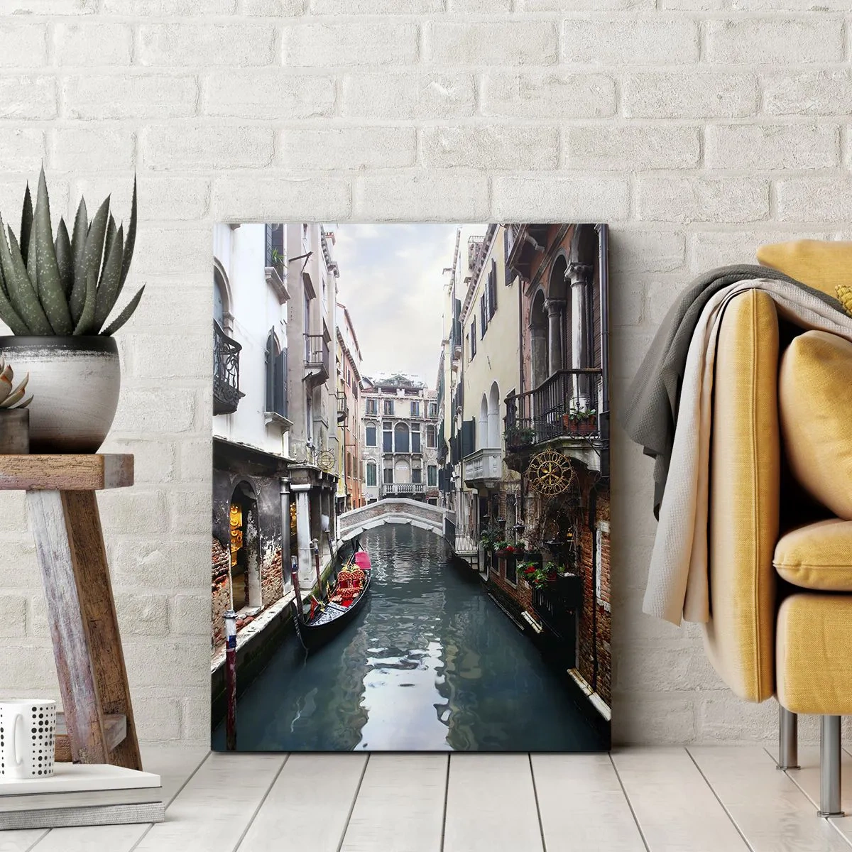 Quadro em tela - Paisagem veneziana com gôndola e ponte - 55x100 cm