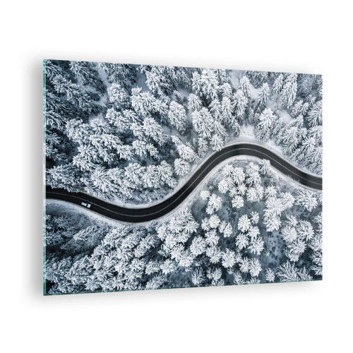 Quadro em vidro - Uma estrada sinuosa através de uma floresta de inverno vista de um drone - 70x50cm - Pelaa floresta no inverno - Decoração de parede moderna para a sala de estar e quarto ARTTOR