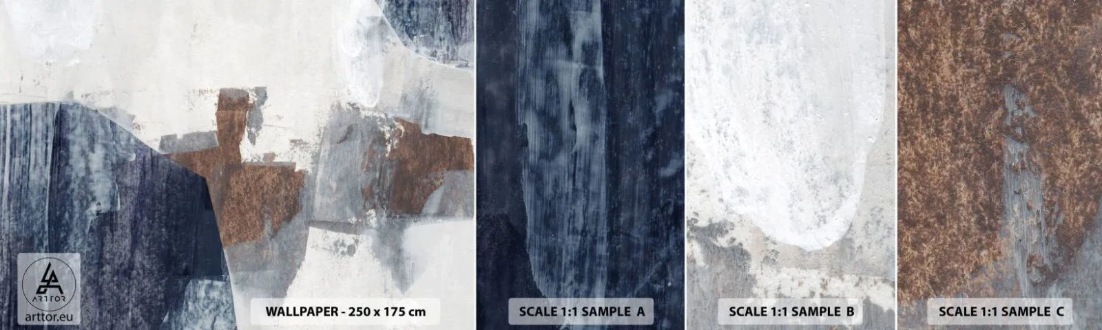 Amostra de Papel de Parede Standard Eco - Formas azuis e marrons - Pedaço, Abstração, Minimalismo - 100x30 cm