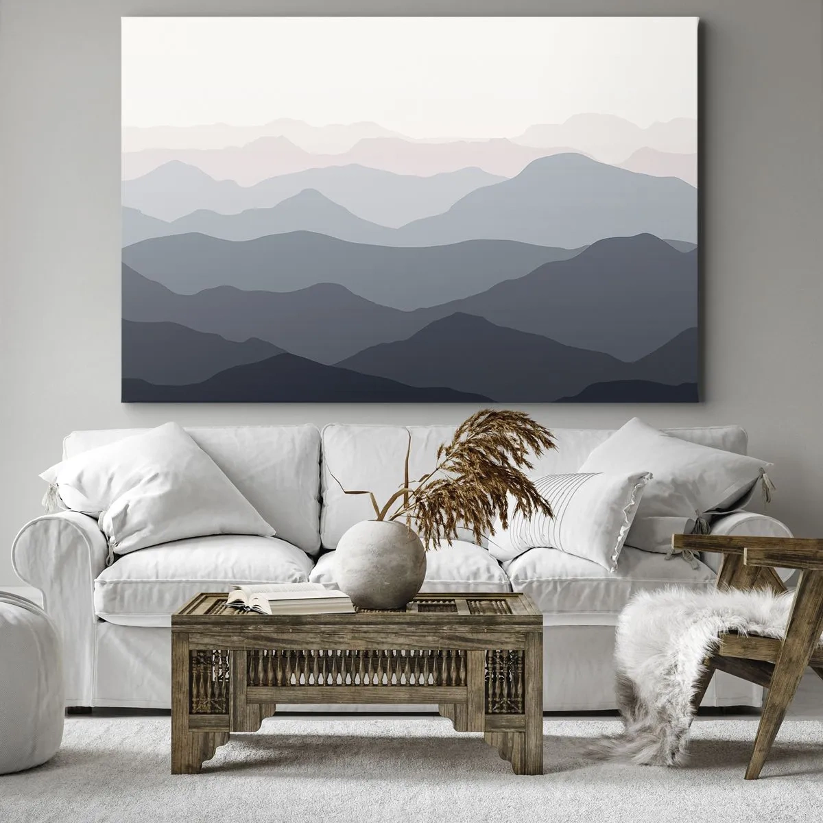 Quadro em tela - Camadas sutis de montanhas em tons de cinza e azul - 70x50cm - Ondas de montanha - Decoração de parede moderna para a sala de estar e quarto ARTTOR