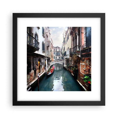 Pôster com moldura preta - Paisagem veneziana com gôndola e ponte - 30x30 cm