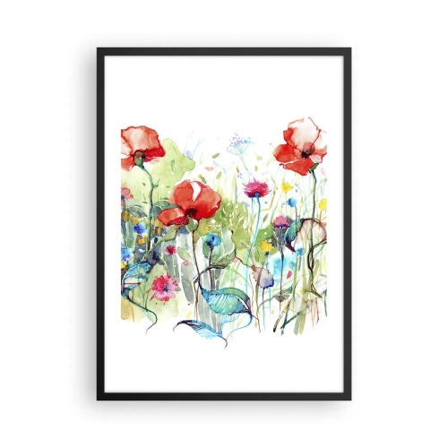 Pôster com moldura preta - Uma pintura em aquarela de um prado com papoulas e flores silvestres. - 50x70cm - Prado florido de maio - Decoração de parede moderna para a sala de estar e quarto ARTTOR