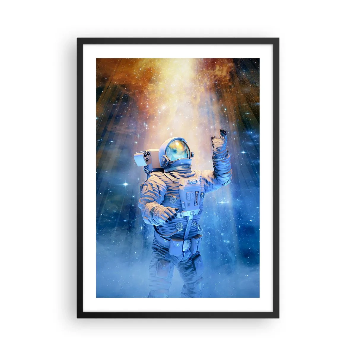 Pôster com moldura preta - Astronauta à luz de estrelas e galáxias no espaço - 50x70cm - Finalmente chegamos - Decoração de parede moderna para a sala de estar e quarto ARTTOR